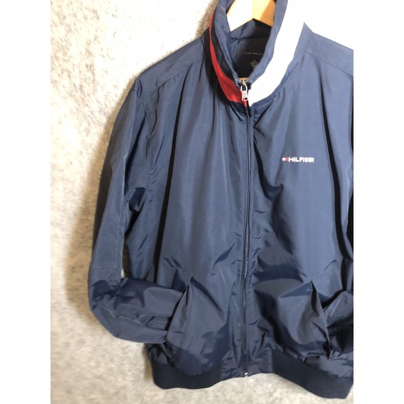 Tommy Hilfiger Jacket Men Medium Blue Full Zip Windbreaker Coat Hideaway Hood - Picture 2 of 8